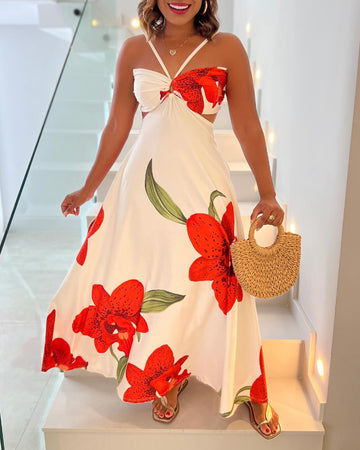 Floral Print Halter Sleeveless Front Hollow out Maxi Dress